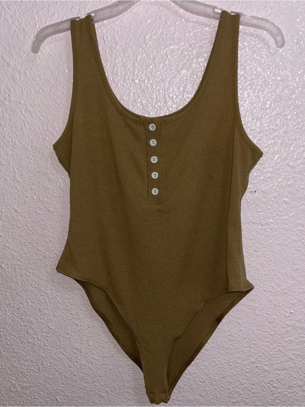 Women's Ribbed Tan One-Piece Bodysuit Tank with Button Front - Picture 1 of 2